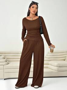 Solflare 2件套加大码纯色纹理长袖上衣和裤子套装 - 棕色 - 查看 1