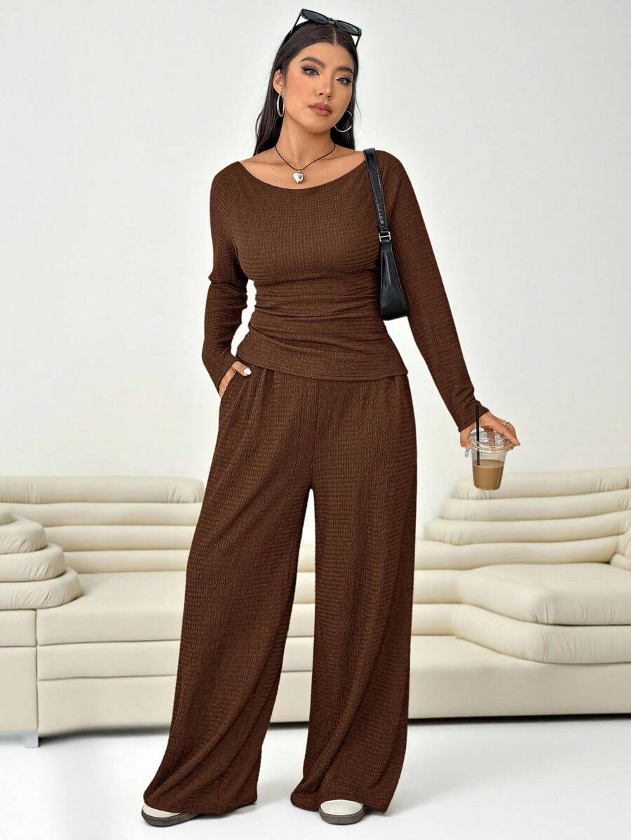 Solflare 2件套加大码纯色纹理长袖上衣和裤子套装 - 棕色 - 查看 1