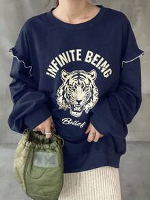 FRIFUL Women's Crew Neck Contrast Color Frill Trim Animal Letter Print Thermal Lined Contrast Color Sweatshirt, Halloween Costume, Autumn - Navy Blue - View 2