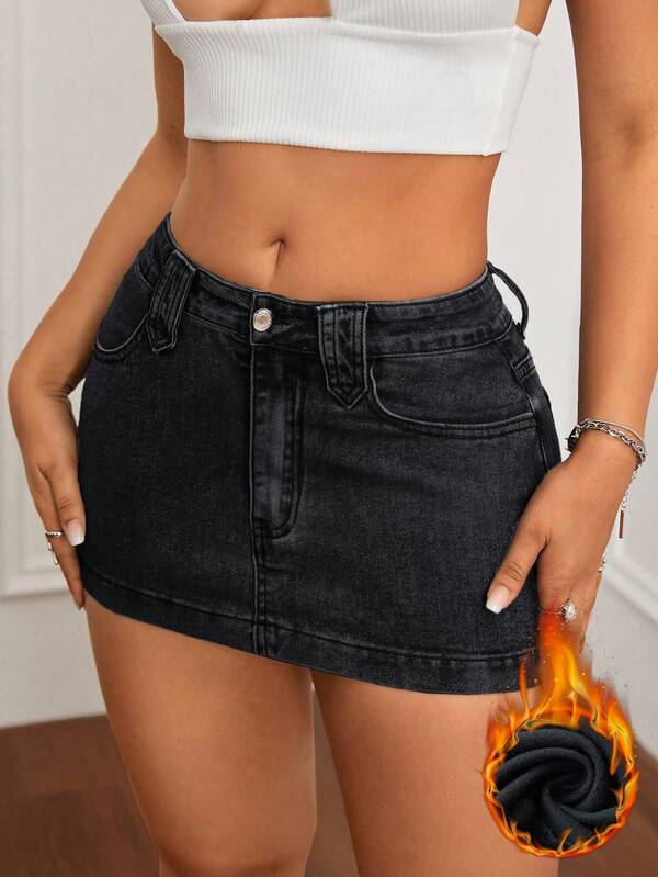 SHEIN ICON Women's Pocketed Bodycon Washed Denim Skirt With Thermal Lining