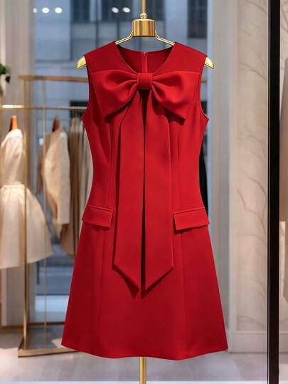 Regalyn Christmas Plus Size Elegant Comfortable Bow Tie Casual Midi Dress, Suitable For Commuting And Leisure