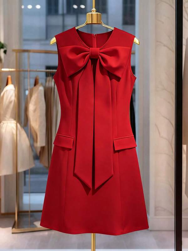 Regalyn Christmas Plus Size Elegant Comfortable Bow Tie Casual Midi Dress, Suitable For Commuting And Leisure