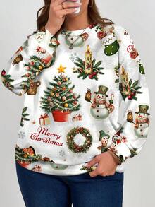SHEIN LUNE Sudadera holgada de cuello redondo de manga larga con estampado de elementos navideños para mujer talla grande, otoño/invierno