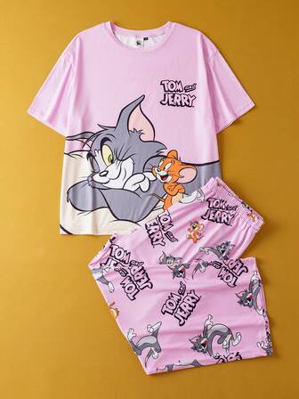 TOM & JERRY X SHEIN Plusstorlek Dam Söt Tecknad Bokstäver Grafisk Drop Shoulder Lös Kortärmad Topp Och Byxor Pyjamasset