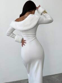 Firerie Vestido de punto asimétrico con cuello y puños de piel sintética blanca desmontables para mujer, ideal para otoño/invierno, vestido de invierno para mujer, ropa de invierno para mujer, vestido de invierno para mujer, ropa de invierno para mujer, vestido de invitada de boda, ropa de mujer para Año Nuevo, atuendo de fiesta, vestido de profesora, vestido de punto hombros descubiertos, para ir a trabajar, elegante, para uso diario, vestido de invierno, atuendo de trabajo otoño/invierno - Blanco - Ver 3