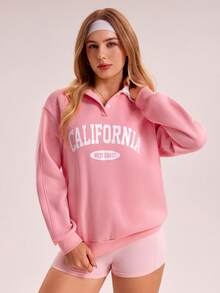 Sovereign Charm 女士字母印花 Polo 领宽松长袖卫衣，粉色 - 粉色 - 查看 1