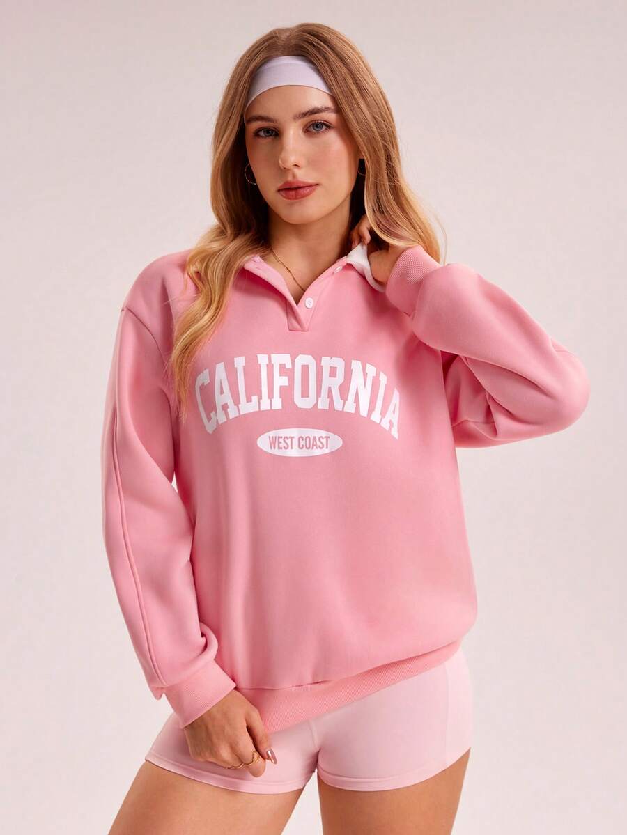 Sovereign Charm 女士字母印花 Polo 领宽松长袖卫衣，粉色 - 粉色 - 查看 1