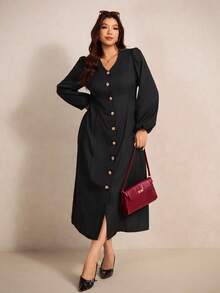 Elaquor Robe élégante à manches lanternes et boutons devant pour femmes grandes tailles - Noir - Voir 5