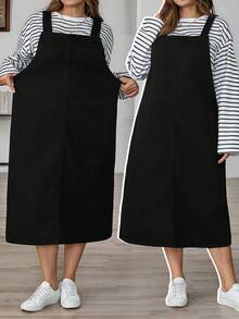 SHEIN CURVE+ Plus Size Solid Color Women Sleeveless Loose Casual Versatile Denim Dress,Christmas,Halloween,Stylish Commuter,Casual For Autumn/Winter,Casual Minimalist Basic , Suitable For Autumn/Winter , Suitable For Vacation, Party, Date, Gathering,Casual Versatile Suitable For Christmas, Halloween, Back To School, Vacation, Office Wear