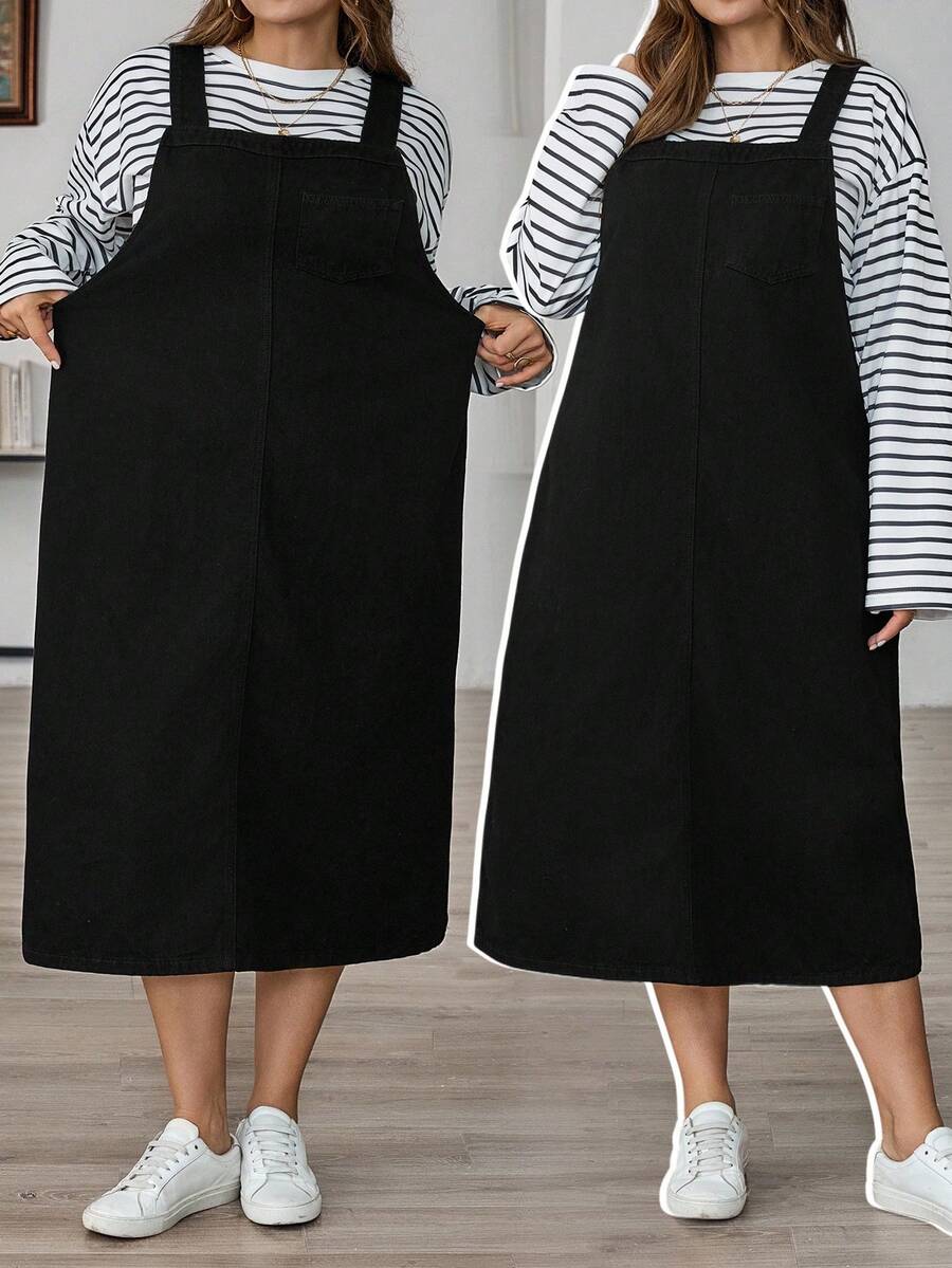 SHEIN CURVE+ Plus Size Solid Color Women Sleeveless Loose Casual Versatile Denim Dress,Christmas,Halloween,Stylish Commuter,Casual For Autumn/Winter,Casual Minimalist Basic , Suitable For Autumn/Winter , Suitable For Vacation, Party, Date, Gathering,Casual Versatile Suitable For Christmas, Halloween, Back To School, Vacation, Office Wear