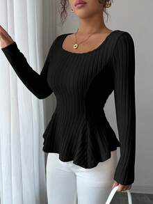 Selianne Women's Casual Solid Color Twist Back Long Sleeve T-Shirts - Black - View 4