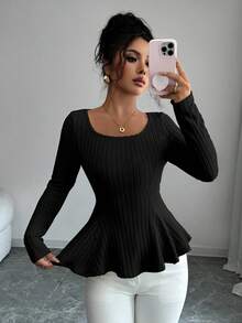 Selianne Women's Casual Solid Color Twist Back Long Sleeve T-Shirts - Black - View 7