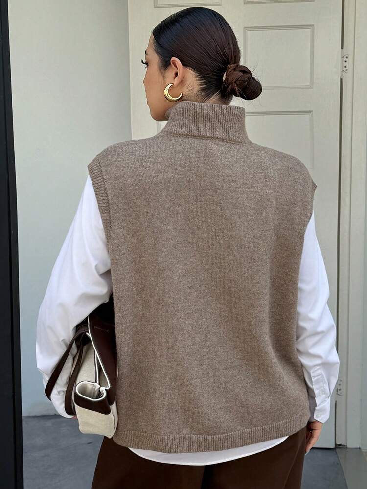 Dazy Plus Plus Size Women Solid Color Casual High Neck Sleeveless Sweater Vest, Versatile For Autumn/Winter