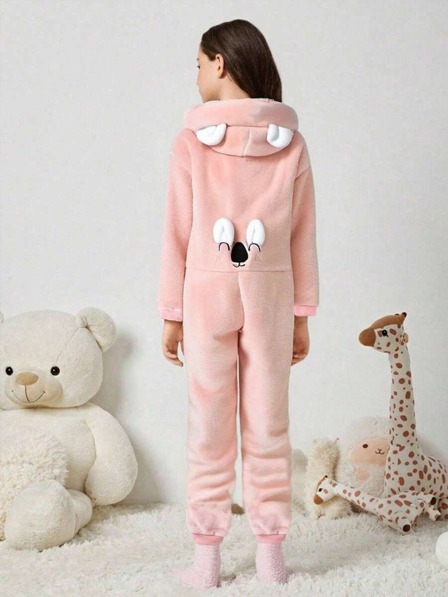 女童连帽考拉图案长袖连体裤，舒适温暖的家居服