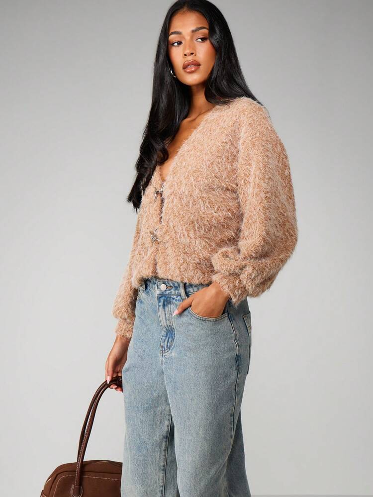 MISSGUIDED Christmas Fluffy Knit Cardigan With Hook Eye Closure Long Sleeve Oversized Fall Winter Cozy Sweater