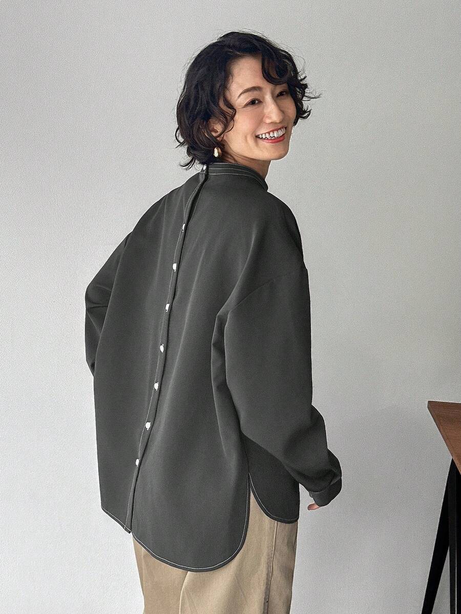 FRIFUL Blusa de cuello alto de manga larga con hombros caídos, casual y versátil, con costuras de contraste y botones de contraste en la espalda, para uso casual en el trabajo - Gris Oscuro - Ver 1