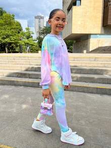 SHEIN 青少年女孩扎染不对称下摆落肩连帽衫和紧身裤两件套，舒适，适合日常休闲穿着和上学、街头风格、Y2K、秋冬 - 彩色 - 查看 3