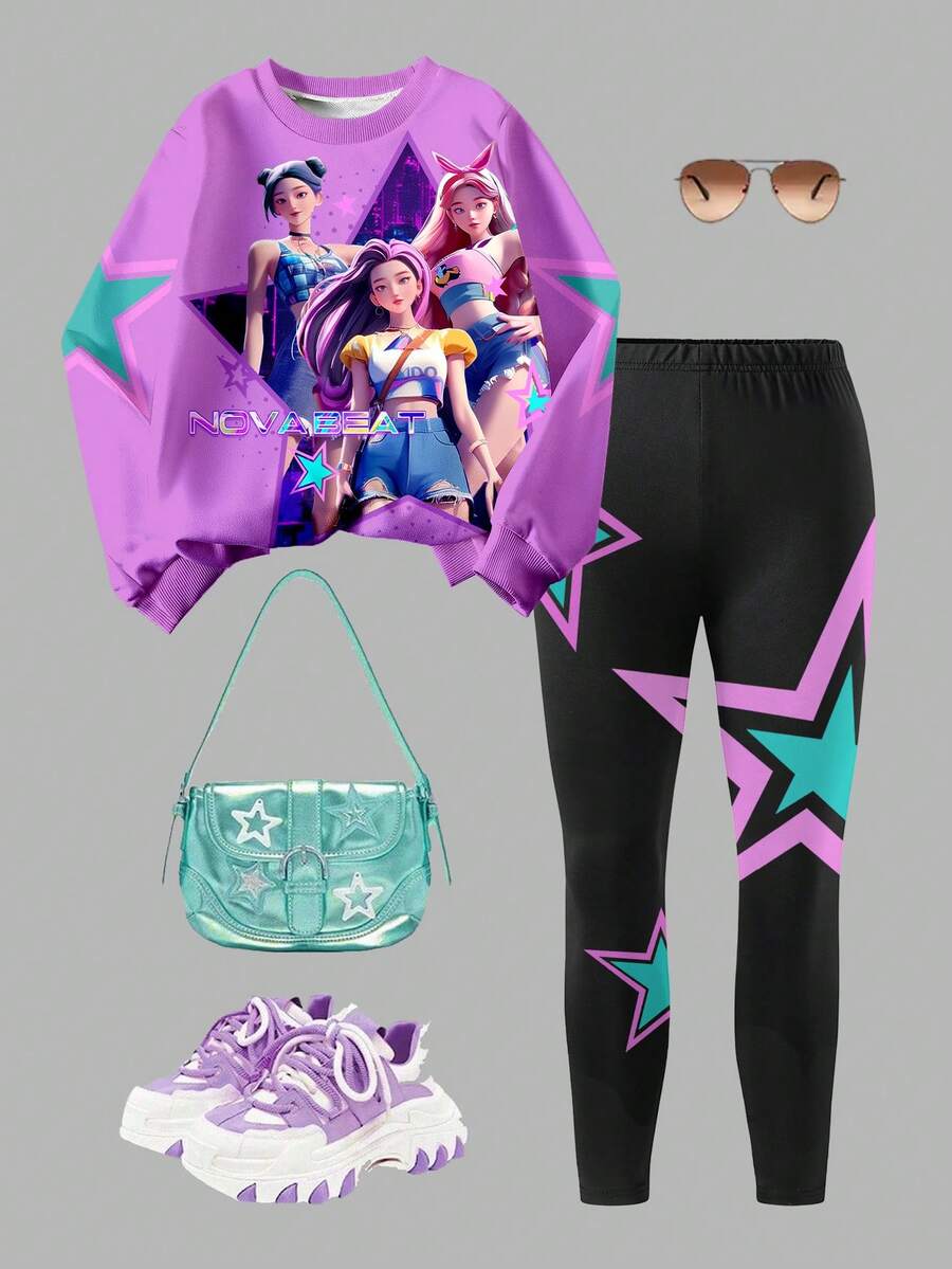 SHEIN Set de 2 piezas con parte superior estampada de KPOP y conjunto de sudadera de cuello redondo y leggings para niña preadolescente, de moda casual, apto para otoño/invierno - Multicolor - Ver 1