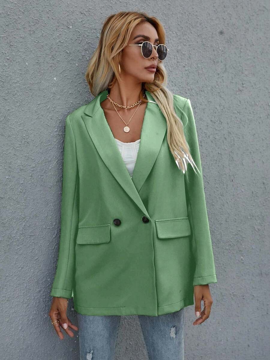 EMERY ROSE Women's Solid Color Lapel NeckLong Sleeve Double-Breasted Casual Blazer, Autumn - Green - View 1
