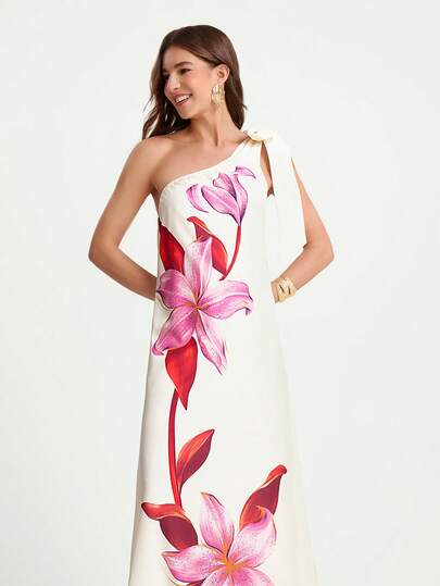 CAJUNI Vestido largo de una sola manga con flor grande