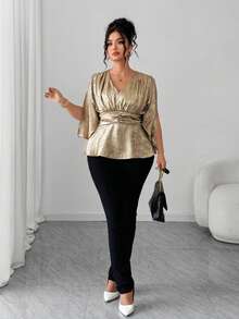 Elenzga Sukienka damska w dużym rozmiarze, najlepiej sprzedająca się, z dekoltem w serek i rozcięciem w talii, w kształcie litery A, z metalicznym akcentem, elegancka, wyszczuplająca suknia wieczorowa na ekskluzywne bankiety, imprezy, spotkania biznesowe, z odkrytymi ramionami, romantyczna, formalna, długa bluzka - Złoto - Zobacz 5