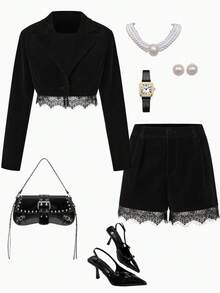 INAWLY مجموعة جاكيت قصيرة وشورت مزينة بالدانتيل الأسود قطعتان