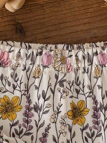 SHEIN Genkimix Kids 2pcs/Set Young Girls Floral Print Ruffle Sleeve Crew Neck Sweatshirt And Flared Pants Set, Spring/Autumn - Apricot - View 5