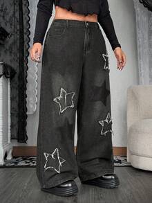 Whyspr 垃圾朋克骷髅大码女式前扣口袋五角星休闲牛仔裤