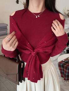 FRIFUL Suéter casual versátil de mujer de cuello redondo sólido rojo, de manga larga con hombros descubiertos, 2 en 1 con cuello de chal, decoración de rhinestones, ajustado y delgado, para otoño/invierno - Rojo - Ver 6