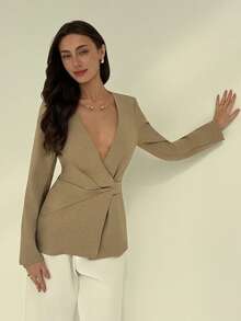 Aloruh Women's Solid Color Deep V-Neck Long Sleeve Pleated Waist Casual Blazer - Apricot - View 7