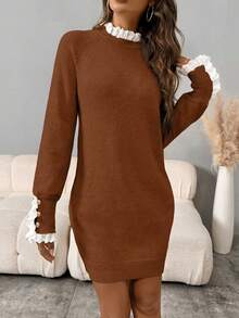 SHEIN LUNE Women's Casual Lace Collar Raglan Sleeve Knitted Dress, Autumn/Winter - Rust Brown - View 3