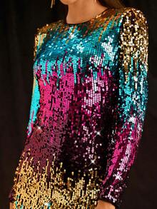 Glamine 女式优雅撞色串珠圆领长袖连衣裙