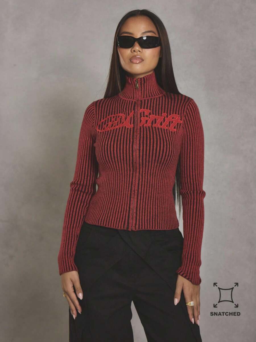 MUSERA Contrast Rib Slogan High Neck Zip Through Cardigan Cool Girl, Streetstyle, Everyday, , Winter, Varsity, 1997 Evening Party Elegant Spring - Red - View 1