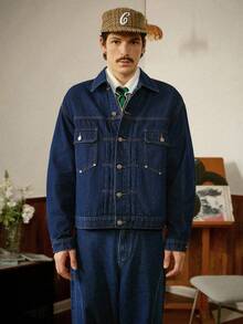 RivetRise 男士休闲做旧褶皱宽松蓝色牛仔长袖夹克，街头风超大口袋蓝色都市学院风工装夹克，男女皆宜 - 深色水洗藍 - 查看 4