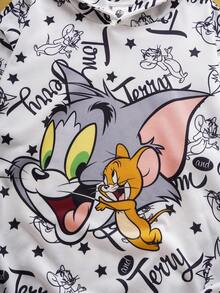 TOM & JERRY X SHEIN 男士休闲时尚街头卡通字母星形印花落肩宽松连帽衫，春秋季长袖上衣 - 白色 - 查看 4