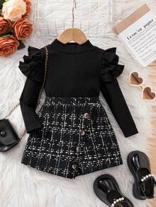 SHEIN Babygirl 休闲可爱针织长袖上衣和格子短裤两件套 - 黑色 - 查看 1