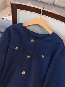 GlowEve CURVE Plus Size Women's Autumn New French Fashionable Elegant Patchwork Design Metal Button Cuff Striped Blazer - Black - View 3