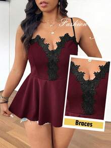 Breezaya Plus Size Textured Ruched A-Line Neck Rose Lace Trim Colorblock Casual Camisole Tank Top, Great For Outing, Holiday, Commuting - Burgundy - View 6