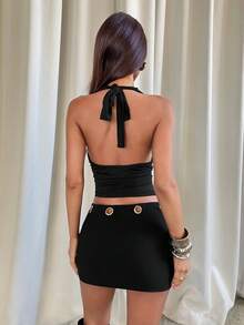 Aloruh Women's Sexy Shiny Silver Grommet Decor Bodycon Mini Skirt, Fall Autumn Black Skirt, For Back To School Homecoming School Rave Festival Country Concert Ibiza Nashville Western Wear Boho Streetwear Tropical Gyaru - Black - View 3