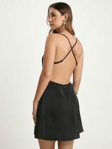 CAJUNI 性感纯色露背迷你连衣裙，夏季 - 黑色 - 查看 2