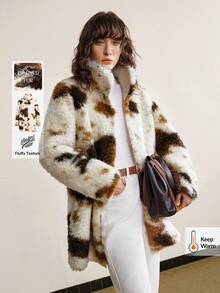 Ontre 2025 Women's Khaki Faux Fur Cow Print Oversized Long Sleeve Lapel Collar Jacket,Brown And White Polka Dot,Winter,Elegant,Date,Old Money Style Coat - Khaki - View 2