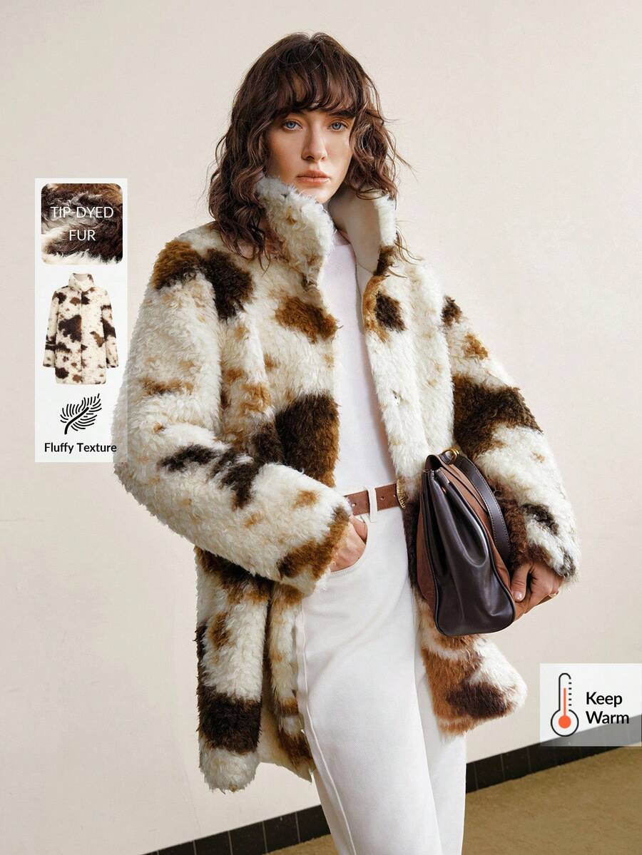 Ontre 2025 Women's Khaki Faux Fur Cow Print Oversized Long Sleeve Lapel Collar Jacket,Brown And White Polka Dot,Winter,Elegant,Date,Old Money Style Coat