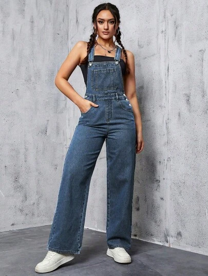 SHEIN EZwear Women's Letter Patch Pocket Design Casual Wide Leg Denim Jumpsuit