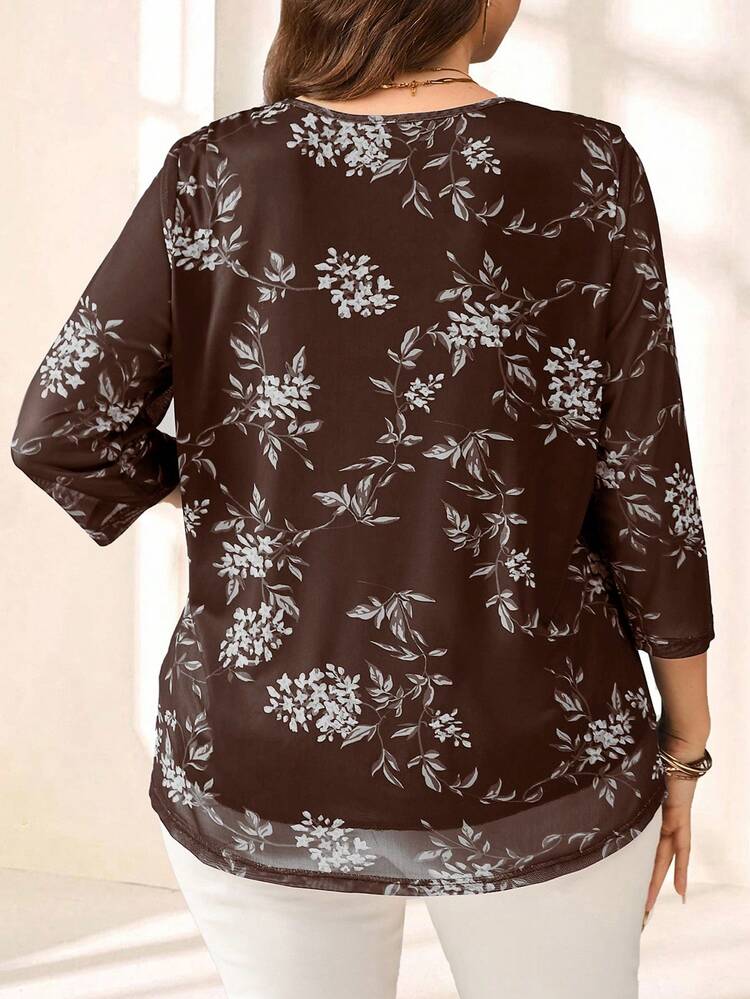 Plus Size Women's Summer Casual Vacation Country  Brown Floral Print 3/4 Sleeve Blouse Top Shirt,Summer Outfits For Women,Summer Outfits For Women ,Vacation Outfits Women ,Holiday Outfits For Women,Going Out Outfits,2026 New Clothes,Simple And Fashionable For Everyday Wear,Suitable For Summer, Vacation, Daily Wear, Festival Outfits For Women,Country Concert Outfit,Beach Outfits For Women,Going Out Tops,Brown Tulle Blouse