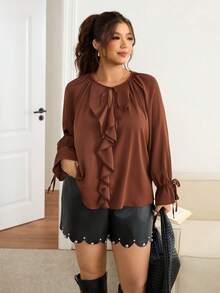 Lounesse Bluzka damska w dużym rozmiarze z dekoltem w serek i falbanką, z długim rękawem, na co dzień - Brązowy - Zobacz 6
