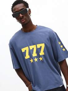 SUMWON 落肩长袖 T 恤宽松版型校园风数字星星印花休闲 - 寶藍色 - 查看 5