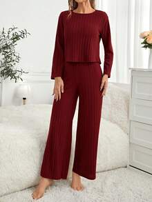 SHEIN Bộ đồ ngủ dài tay và quần dài màu trơn cho nữ Bộ đồ ngủ cho nữ Bộ đồ ngủ cổ tròn ấm áp Bộ đồ ngủ 2 món cho nữ Bộ đồ ngủ màu đỏ tía cho nữ Bộ đồ ngủ dài tay, Quần áo mùa thu và mùa đông - Màu Đỏ Sâu - Xem 4