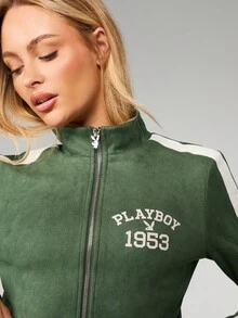 Missguided x Playboy Áo khoác thể thao cổ điển năm 1953 có khóa kéo phía trước với chi tiết sọc bên hông, trang phục thể thao cổ điển, áo khoác ngoài thường ngày - màu xanh lá - Xem 5