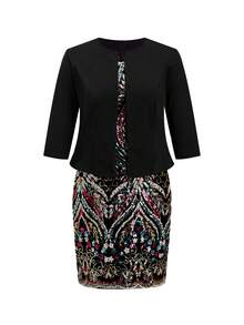 Ellevyn 大码女式 3/4 袖前开式夹克和无袖亮片装饰圆领连衣裙 2 件套 - 黑色 - 查看 8