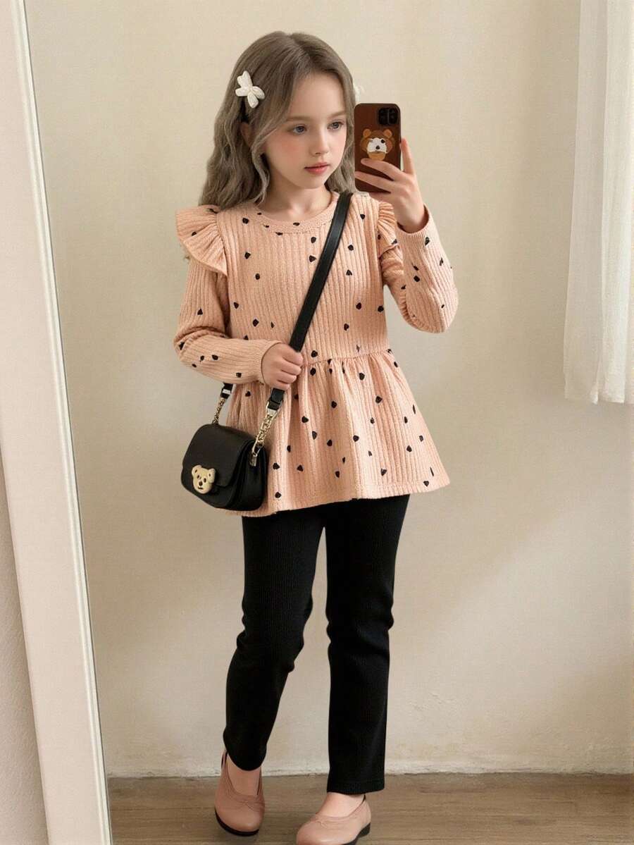 2pcs/Set Young Girl Heart Print Long Sleeve Top With Ruffle Trim And Leggings, Spring Autumn